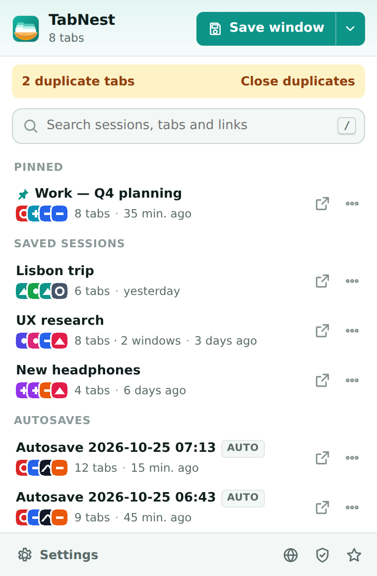 All your sessions at a glance, with pinned favorites on top.